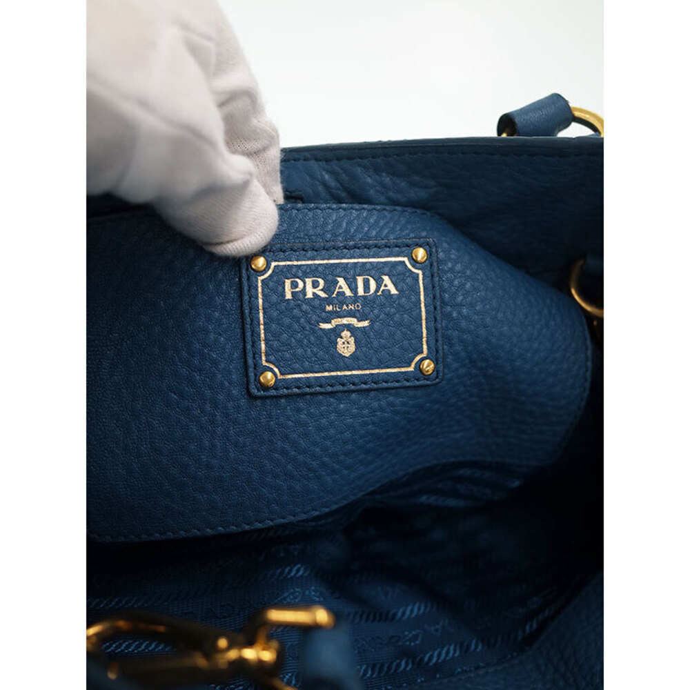 Prada Daino Vitello Shoulder pebbled bag Tote blue 2way Bag leather - Picture 4 of 9